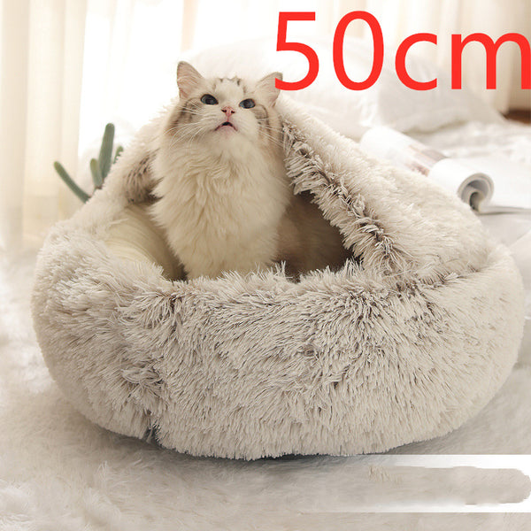 Pet Bed Round Plush Warm Bed House Soft Long Plush Bed  2 In 1 Bed - Gusto Illusions