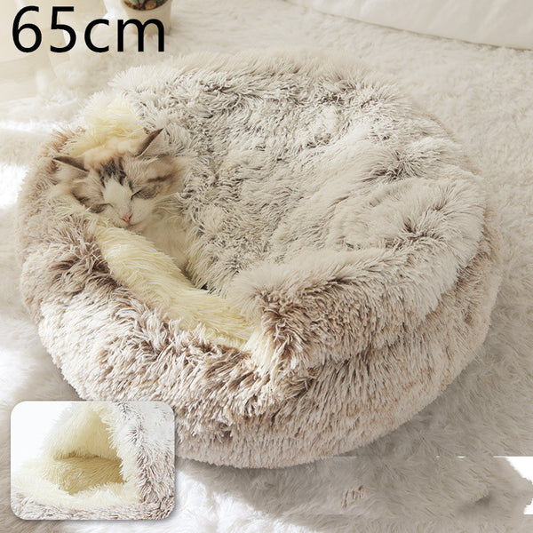 Pet Bed Round Plush Warm Bed House Soft Long Plush Bed  2 In 1 Bed - Gusto Illusions