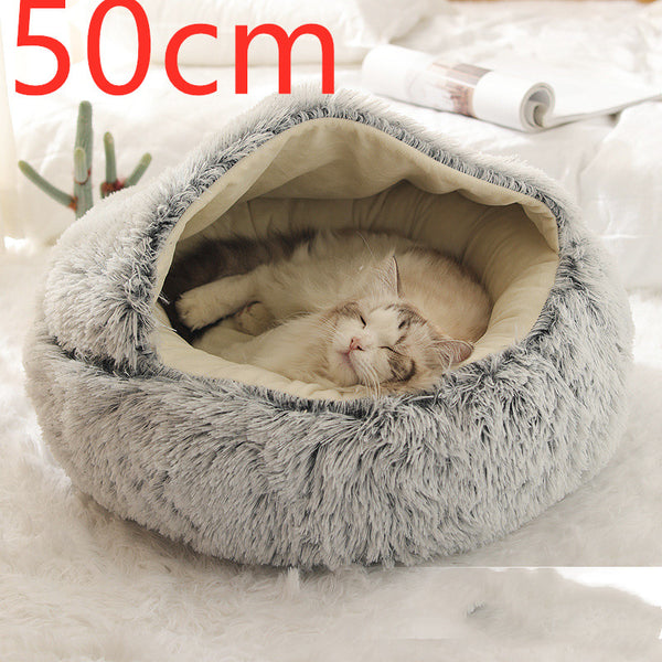 Pet Bed Round Plush Warm Bed House Soft Long Plush Bed  2 In 1 Bed - Gusto Illusions