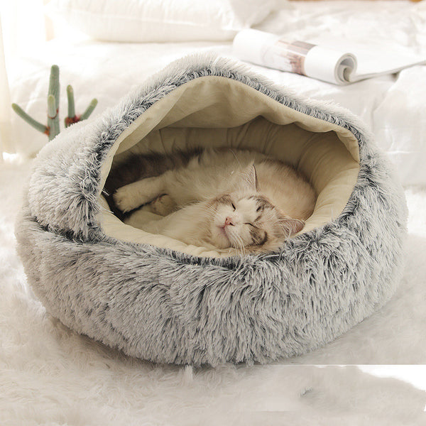 Pet Bed Round Plush Warm Bed House Soft Long Plush Bed  2 In 1 Bed - Gusto Illusions