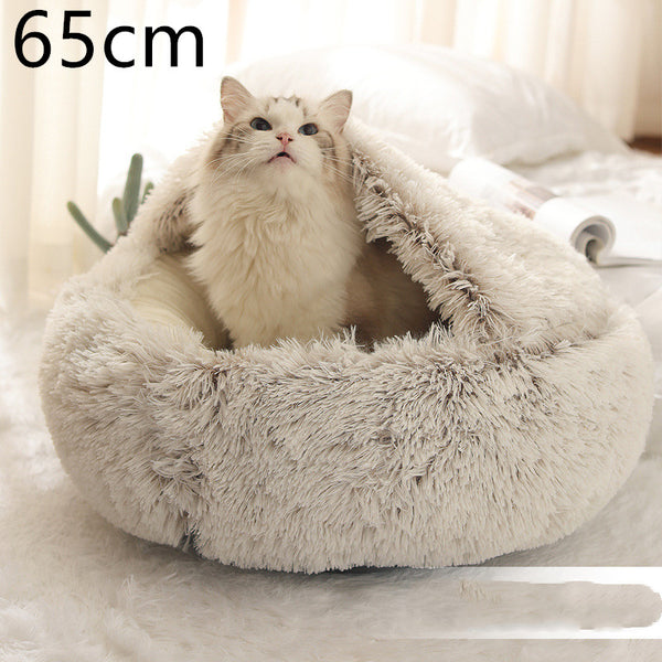 Pet Bed Round Plush Warm Bed House Soft Long Plush Bed  2 In 1 Bed - Gusto Illusions