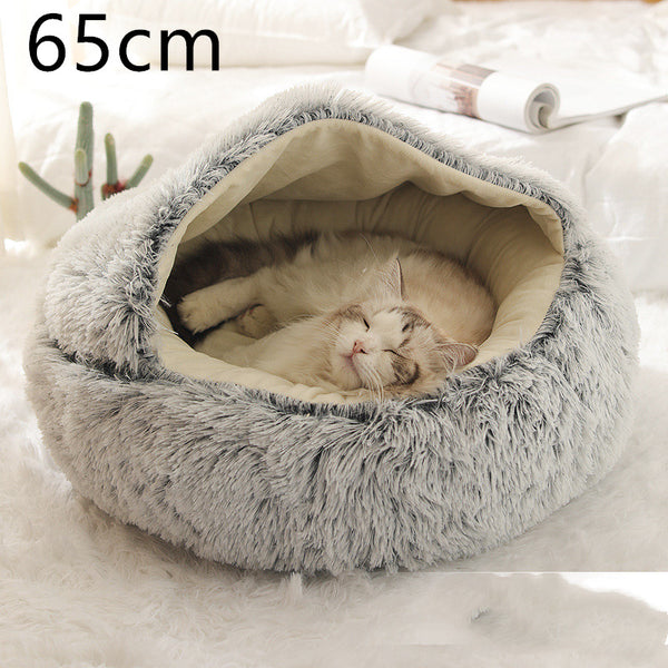 Pet Bed Round Plush Warm Bed House Soft Long Plush Bed  2 In 1 Bed - Gusto Illusions