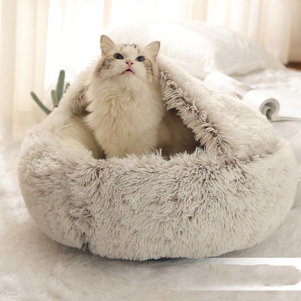 Pet Bed Round Plush Warm Bed House Soft Long Plush Bed  2 In 1 Bed - Gusto Illusions