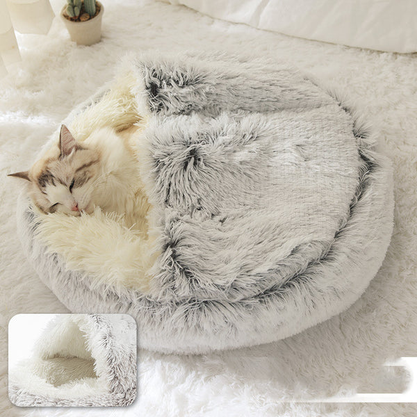 Pet Bed Round Plush Warm Bed House Soft Long Plush Bed  2 In 1 Bed - Gusto Illusions