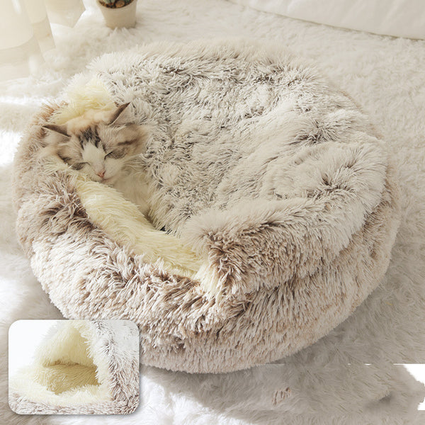 Pet Bed Round Plush Warm Bed House Soft Long Plush Bed  2 In 1 Bed - Gusto Illusions