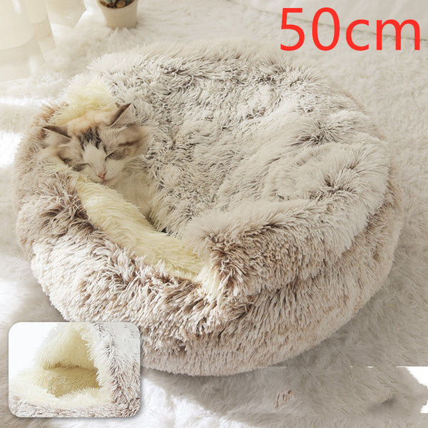 Pet Bed Round Plush Warm Bed House Soft Long Plush Bed  2 In 1 Bed - Gusto Illusions