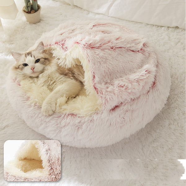 Pet Bed Round Plush Warm Bed House Soft Long Plush Bed  2 In 1 Bed - Gusto Illusions